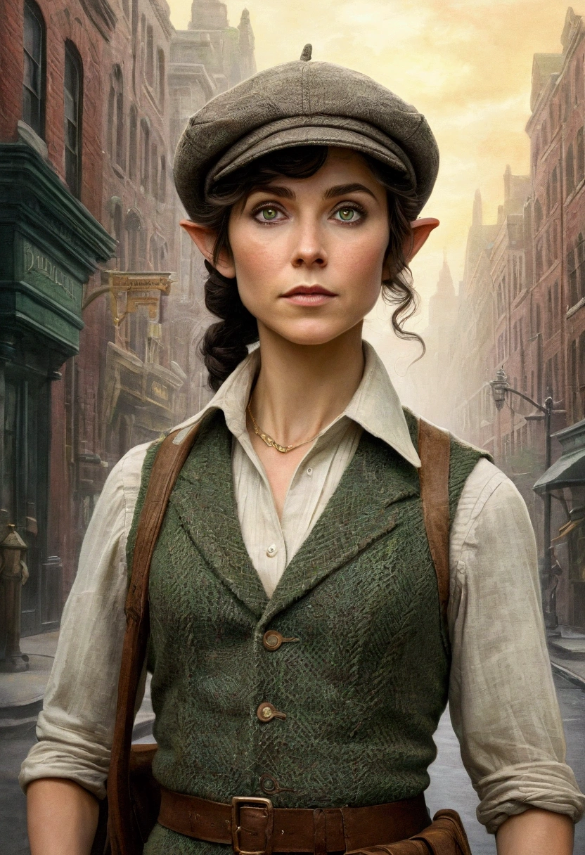 An illustrated movie poster, hand-drawn, full color, an elven maiden, wearing a tweed vest and a newsie cap, tall, toned, amazonian stature, athletic hourglass figure, long pointy elf ears, peridot eyes, dark hair, shaggy bob cut, deep sun-tanned skintone, freckles, standing on a foggy Victorian-era street corner, graphite shading, stencil marks, airbrushed acrylic paint, masterpiece, in the style of Sherlock Holmes, elf ears