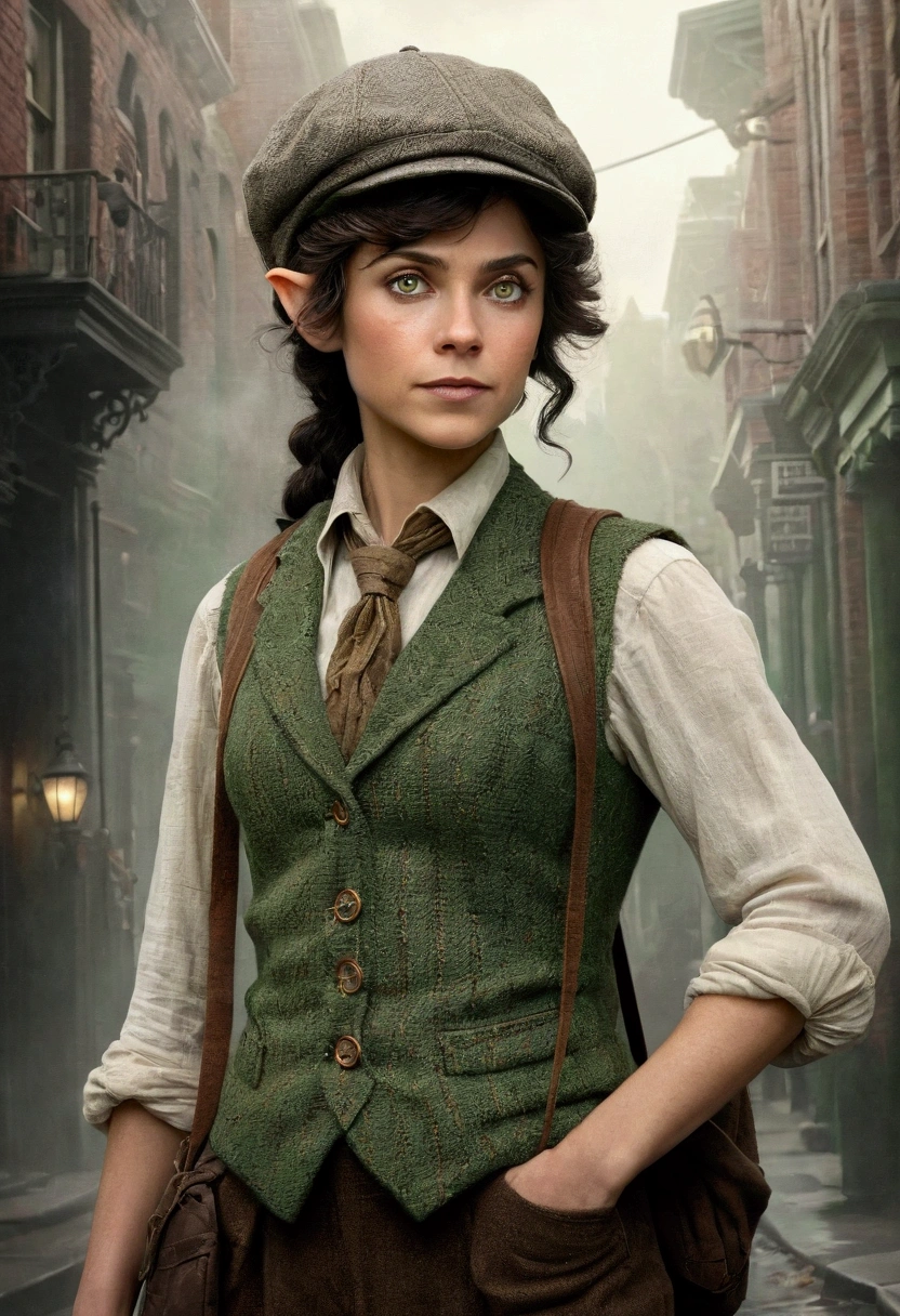 An illustrated movie poster, hand-drawn, full color, an elven maiden, wearing a tweed vest and a newsie cap, tall, toned, amazonian stature, athletic hourglass figure, long pointy elf ears, peridot eyes, dark hair, shaggy bob cut, deep sun-tanned skintone, freckles, standing on a foggy Victorian-era street corner, graphite shading, stencil marks, airbrushed acrylic paint, masterpiece, in the style of Sherlock Holmes, elf ears