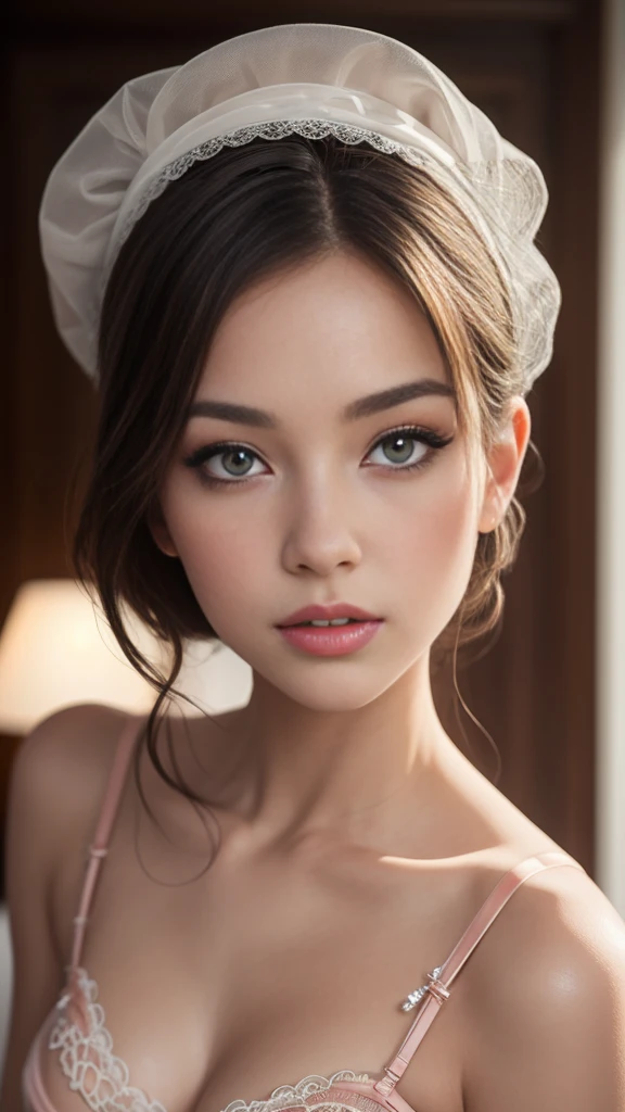 .masterpiece:1.2, best quality), realistic, (real picture, intricate details, depth of field), (1girl, solo), make up, parted lips, highly-detailed, perfect face, (skindentation), glossy coral lips, (A girl nude, intricate diamond lingerie), blushing, Nicole Kuhn:0.8