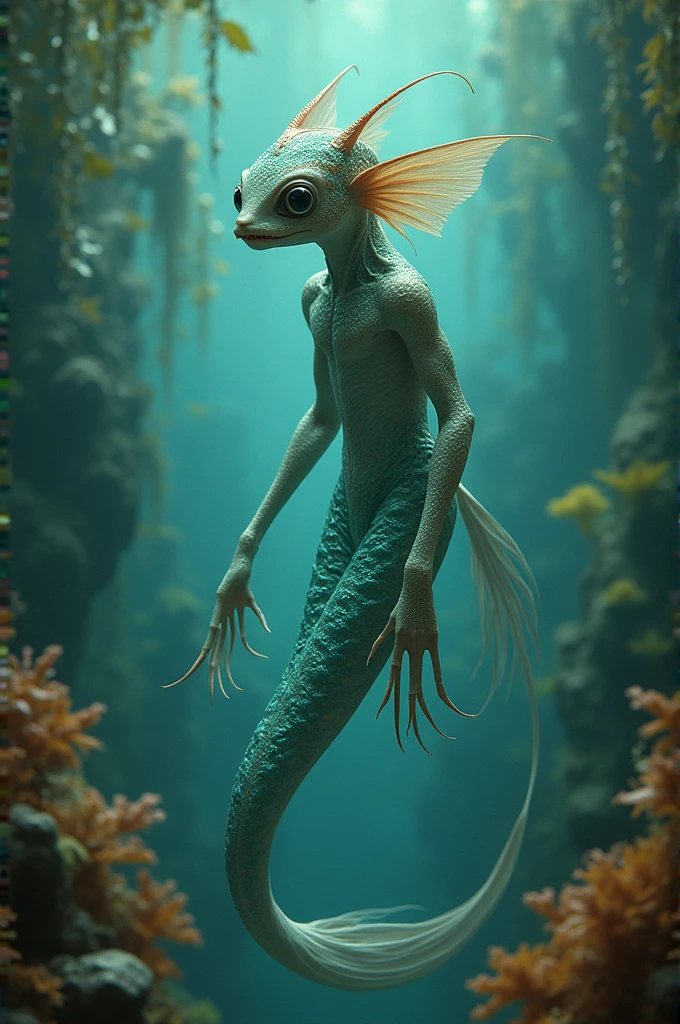 Creatures with humanoid shapes and fish-like characteristics, Long tails can camouflage themselves among the algae, shiny scales. They are not mermaids.