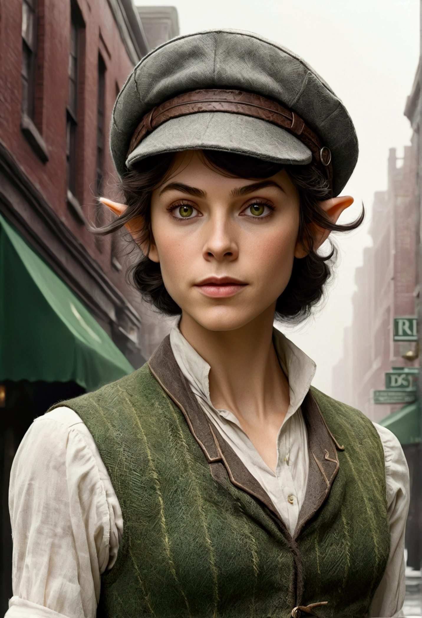 An illustrated movie poster, hand-drawn, full color, an elven maiden, wearing a tweed vest and a newsie cap, tall, toned, amazonian stature, athletic hourglass figure, long pointy elf ears, peridot eyes, dark hair, shaggy bob cut, deep sun-tanned skintone, freckles, standing on a foggy Victorian-era street corner, graphite shading, stencil marks, airbrushed acrylic paint, masterpiece, in the style of Sherlock Holmes, elf ears