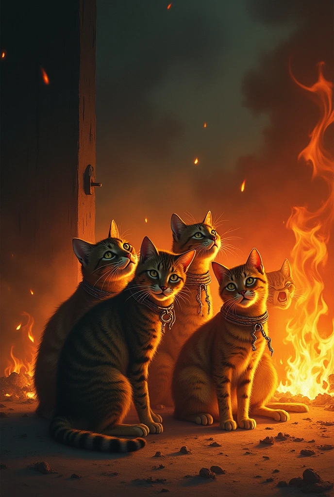 Drawing of 7 tied up cats burning alive