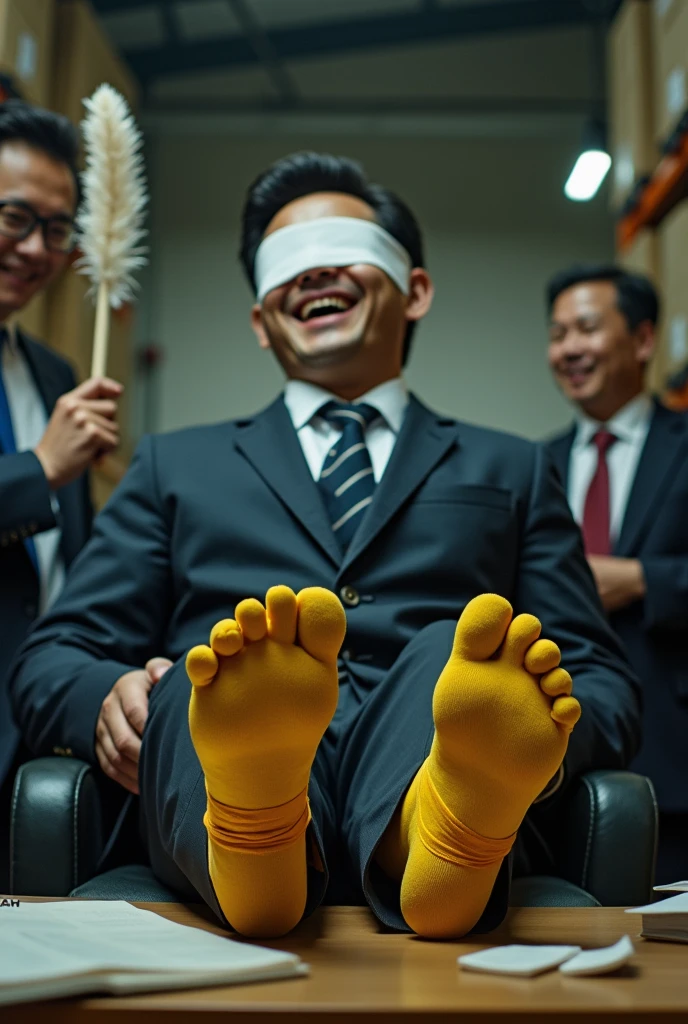 Malaysia malay handsome 23 years lawyer
The steward laugh
His hand tied up  in warehouse 
Blindfolded
Hand handcuff
Formal Outfit
feet on desk
feather duster
shoes on desk 
5 toes each feet 
Yellow sock
2 man holding feather  duster 
tickle steward feet
