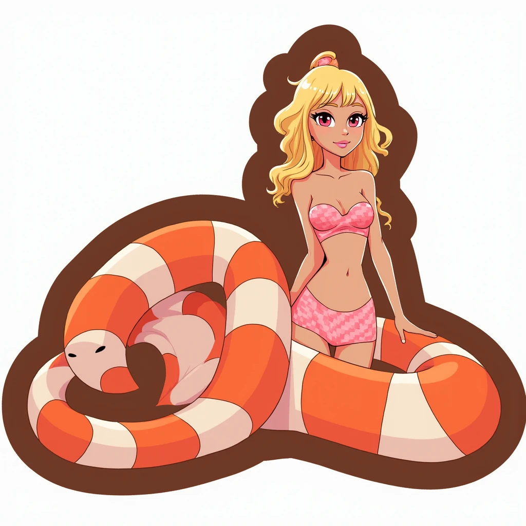 Subject male, gender male, 1male, male focused, average sized male, long wavy hair, strawberry blonde hair color, almond shape eyes, pink eye color, full lips, inverted triangle shaped body, slim waist, has feminine curves, looks feminine, has a pink and orange snake tail, has pink and orange scales that cover his arms, masterpiece, detailed, extra detail, show full body, merman.