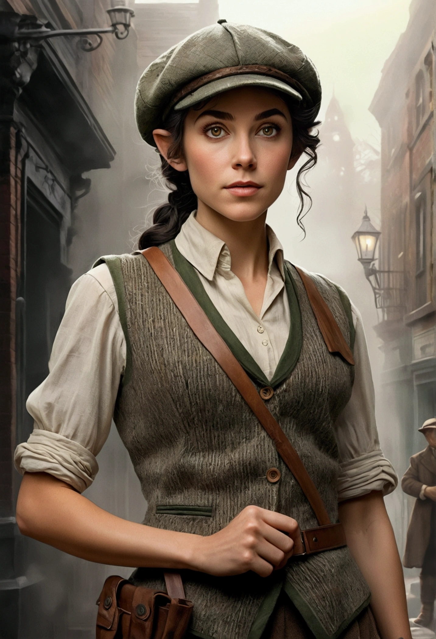 An illustrated movie poster, hand-drawn, full color, an elven maiden, wearing a tweed vest and a newsie cap, tall, toned, amazonian stature, athletic hourglass figure, long pointy elf ears, Jade eyes, dark hair, shaggy bob cut, deep sun-tanned skintone, freckles, standing on a foggy Victorian-era street corner, graphite shading, stencil marks, airbrushed acrylic paint, masterpiece, in the style of Sherlock Holmes, elf ears