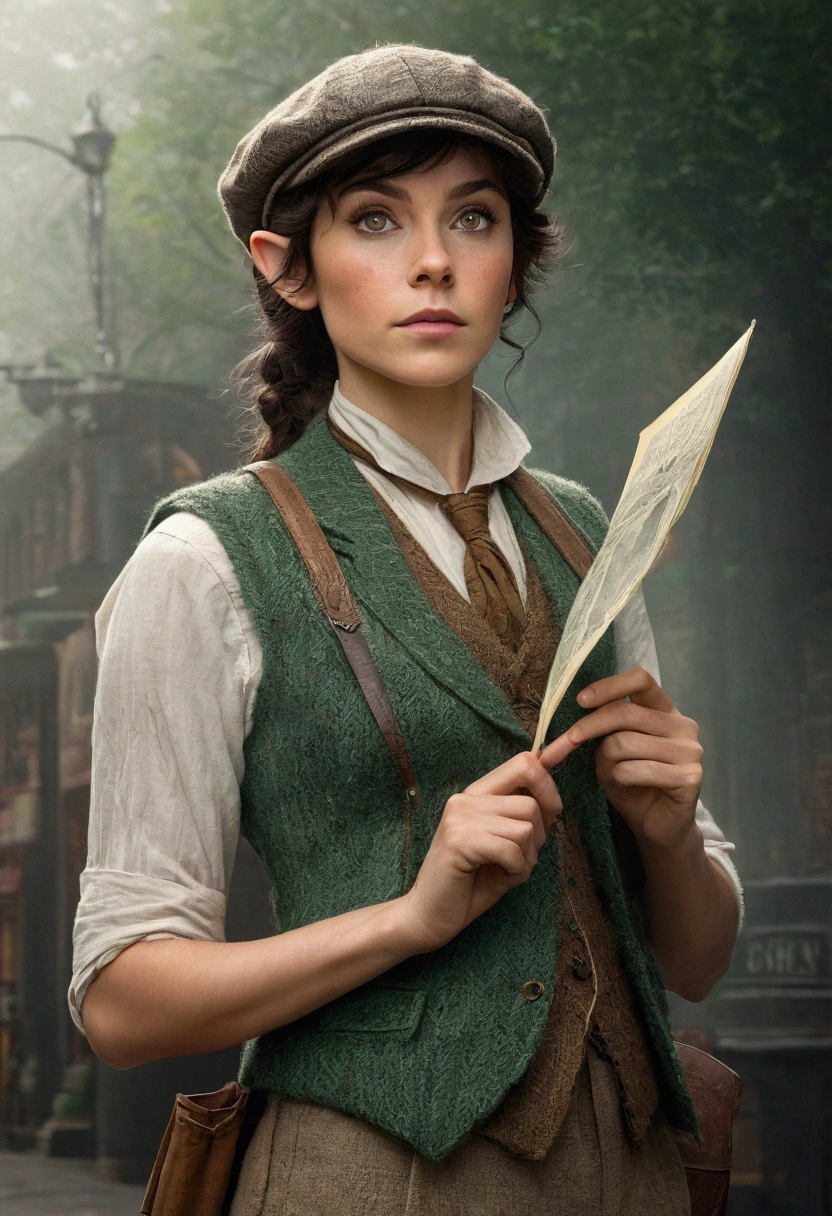 An illustrated movie poster, hand-drawn, full color, an elven maiden, wearing a tweed vest and a newsie cap, tall, toned, amazonian stature, athletic hourglass figure, long pointy elf ears, Jade eyes, dark hair, shaggy bob cut, deep sun-tanned skintone, freckles, standing on a foggy Victorian-era street corner, graphite shading, stencil marks, airbrushed acrylic paint, masterpiece, in the style of Sherlock Holmes, elf ears