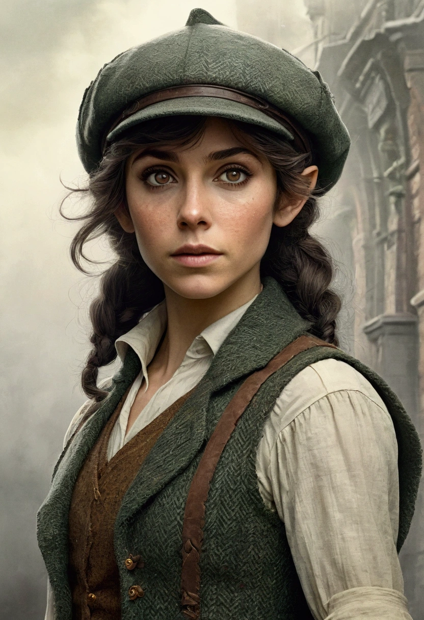 An illustrated movie poster, hand-drawn, full color, an elven maiden, wearing a tweed vest and a newsie cap, tall, toned, amazonian stature, athletic hourglass figure, long pointy elf ears, Jade eyes, dark hair, shaggy bob cut, deep sun-tanned skintone, freckles, standing on a foggy Victorian-era street corner, graphite shading, stencil marks, airbrushed acrylic paint, masterpiece, in the style of Sherlock Holmes, elf ears