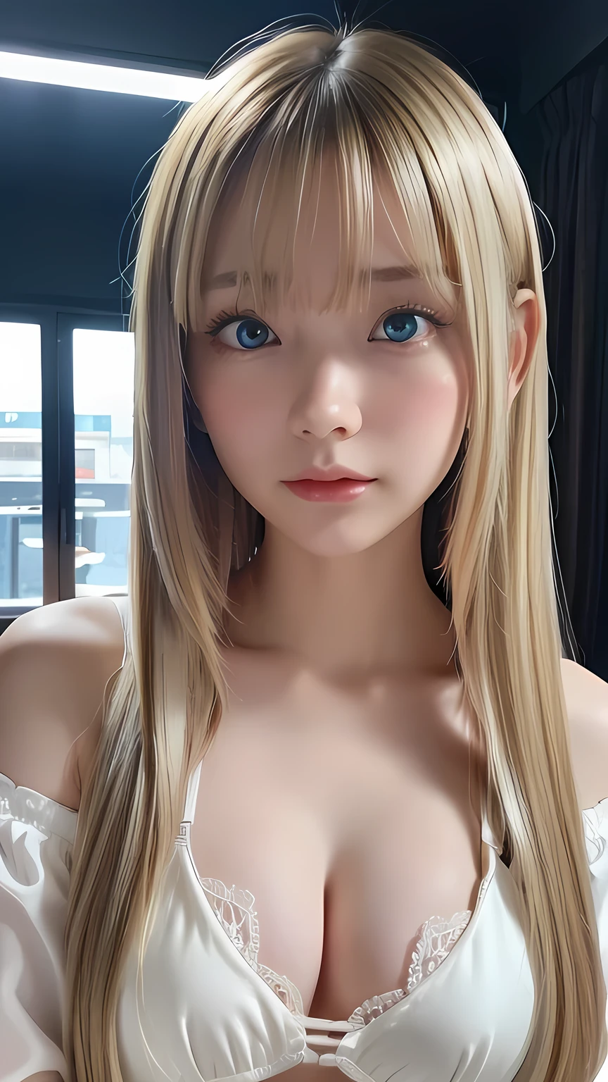 Highest quality、8K masterpiece、Ultra-high resolution、(Realistic:1.3)、RAW Photos、 A beautiful girl with mysteriously shining blonde hair of Nordic descent、Silvery blonde hair、Super long straight hair、Bangs between the eyes、Bangs that fall over the eyes、Bangs over one eye、Bangs between the eyes、Incredibly white, glowing skin、1. Cyberpunk Super Beautiful Soldier、((Ultra-Realistic Details))、Portraiture、Global Illumination、Shadow Realm、Octane Rendering、8k、Ultra Sharp、metals、Cool colors、、Very intricate details、Realistic Light、Trends of the CG Association、Very beautiful big bright blue eyes、Very big eyes、Eyes shining at the camera、Neon Details、Small Face Beauty、Round face、Highlights of cheek luster、eyeliner、Double eyelids