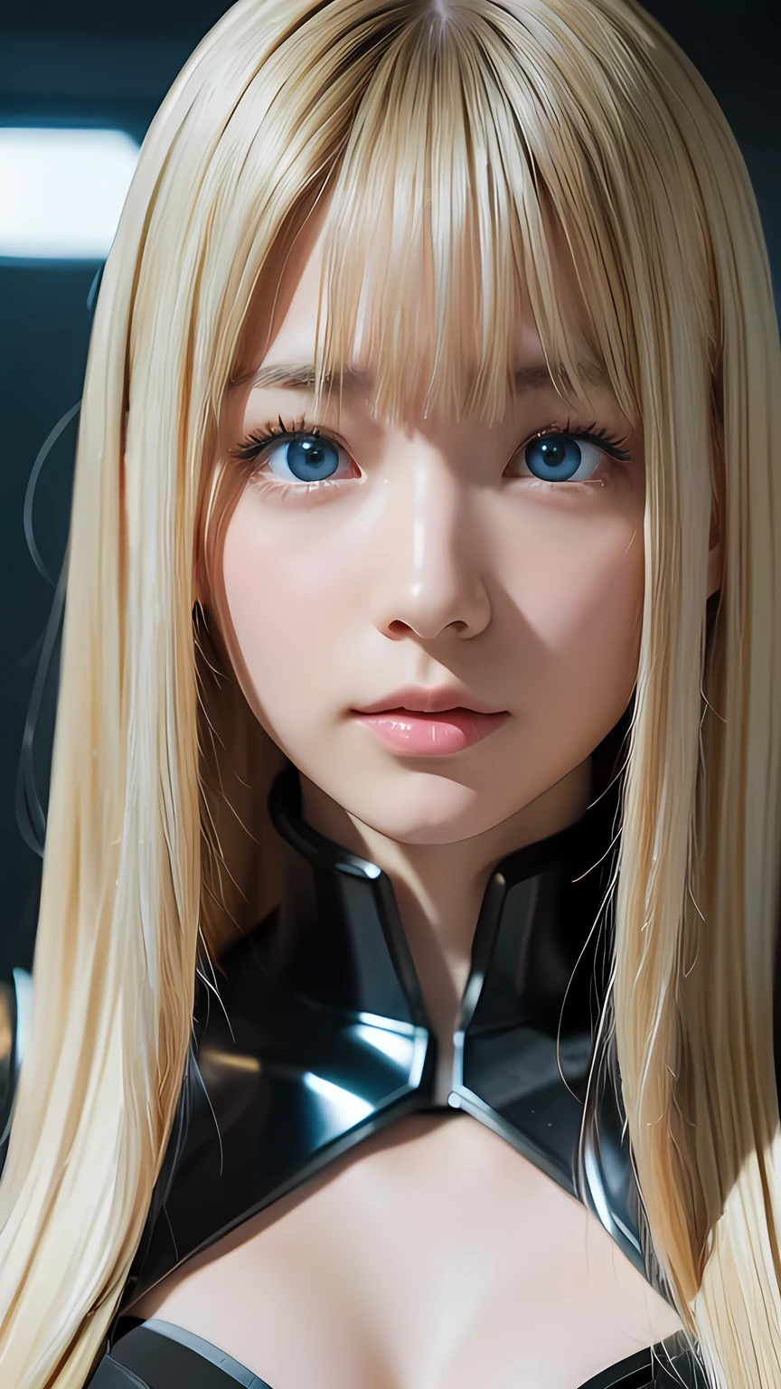 Highest quality、8K masterpiece、Ultra-high resolution、(Realistic:1.3)、RAW Photos、 A beautiful girl with mysteriously shining blonde hair of Nordic descent、Silvery blonde hair、Super long straight hair、Bangs between the eyes、Bangs that fall over the eyes、Bangs over one eye、Bangs between the eyes、Incredibly white, glowing skin、1. Cyberpunk Super Beautiful Soldier、((Ultra-Realistic Details))、Portraiture、Global Illumination、Shadow Realm、Octane Rendering、8k、Ultra Sharp、metals、Cool colors、、Very intricate details、Realistic Light、Trends of the CG Association、Very beautiful big bright blue eyes、Very big eyes、Eyes shining at the camera、Neon Details、Small Face Beauty、Round face、Highlights of cheek luster、eyeliner、Double eyelids
