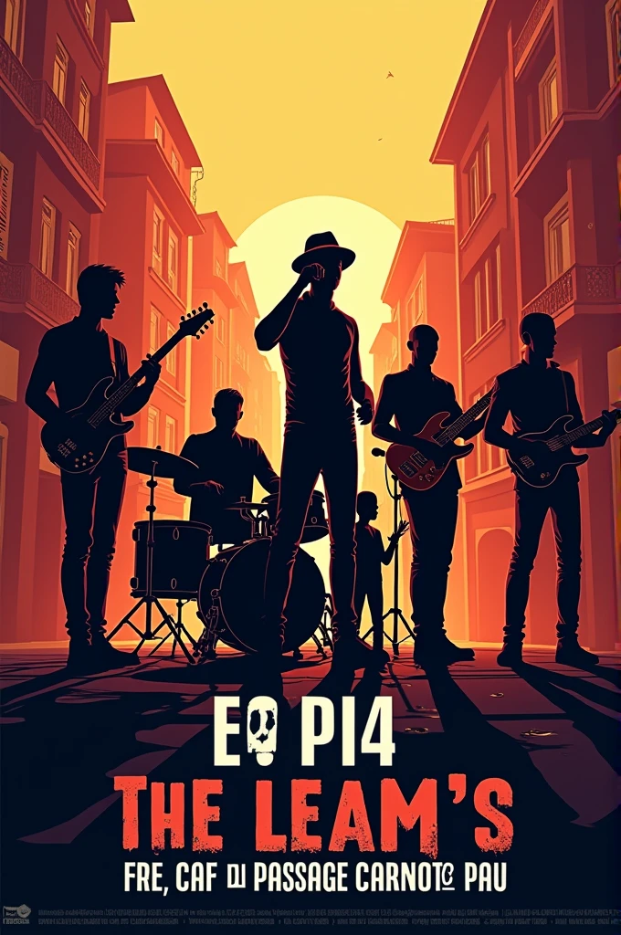 Créer une affiche moderne avec Décord ville de Pau. pour un concert avec un chanteur qui porte un chapeau, un batteur, un petit bassiste, un saxophone, un guitariste, un autre guitariste chauve.  dans un style rock avec faux personnages en ombres. pour le band « The Klem’s ». Avec écrit dessus : Date le 06/09/24 à 20h au café du passage Carnot à Pau.