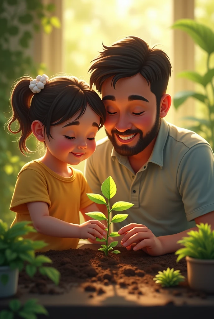 Father daughter and  plant went