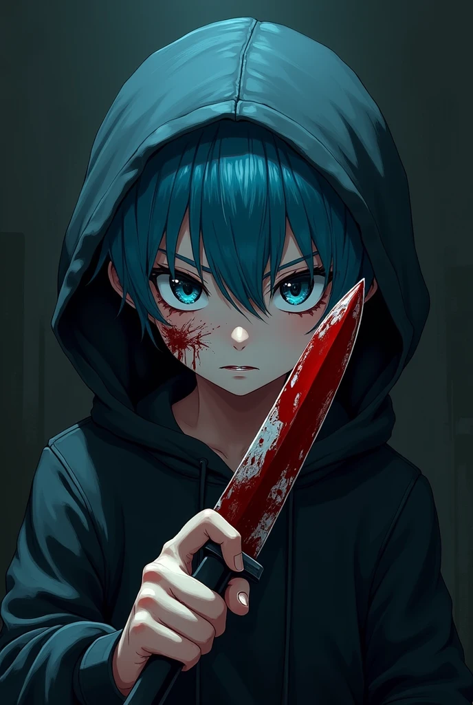 Create an anime image of a 1 boy wearing a black hoodie, your hair is cyan,he has blood on his face,and holding a knife