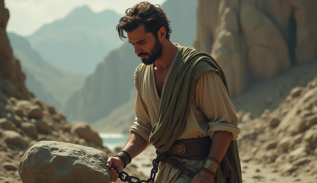 **Prompt de Imagem:**
A young, handsome Stoic philosopher with a well-proportioned and attractive physique, sun-kissed skin, very short and well-trimmed beard, and wavy, well-styled hair. He is dressed in classic tunics in soft earthy tones - gray, brown, and olive green - with subtle gold and copper details. The scene shows him dragging a heavy weight, such as a large stone or chain, symbolizing the emotional burden of toxic relationships. The environment is harsh and rocky, emphasizing the difficulty and negative impact of these relationships. The philosopher's expression is one of exhaustion and frustration, capturing the emotional and physical toll of such relationships. The setting should highlight the struggle and the draining effect of toxic connections on one’s well-being.