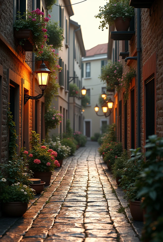 Narrow cobblestone street wet from the rain next to tall old houses in front of flower pots with black floor lamps in a late afternoon in Europe 3D