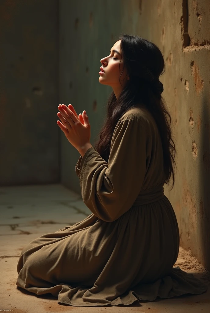 Make an image of a young Jewish woman representing Esther from the Bible on her knees with her hands up praying to God for the lives of the Jews.