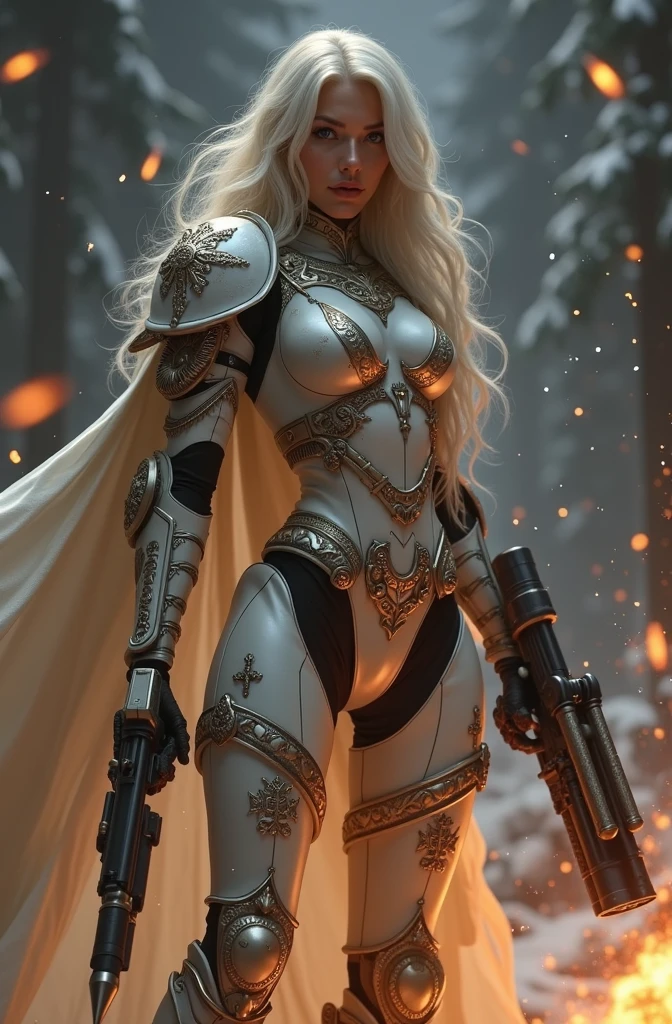 a beautiful woman with long platinum blonde hair, porcelain skin, ice blue eyes, sexy sisters of battle from the warhammer 40k, shooting at the enemy, rwhite space marine armor with intricate details, religous symbols on the armor, sisters of battle, warhammer 40k, Massive silicone breast, pale skin, seductive, temptation, eat your soul, clevage, , standing in a magical winter wonderland with snow-covered trees and frozen lakes, intricate ice crystals and snowflakes surrounding her, (best quality,4k,8k,highres,masterpiece:1.2),ultra-detailed,(realistic,photorealistic,photo-realistic:1.37),fantasy,digital art,cinematic lighting, highly detailed armor, intricate futuristic weaponry, gritty and realistic, mecha, science fiction, hyper-detailed, photorealistic, award winning digital art, 8k, HDR, masters work, in the middle of a battle field, full body combat action pose, explosions and fire around, full war, stunning, Stilleto heels, high heels, full body pose, cinematic, dust and debree, combat screams, attacking, shooting at the enemy, sisters of battle, warhammer 40kdramatic color palette,frozen landscape,ice powers,snow queen