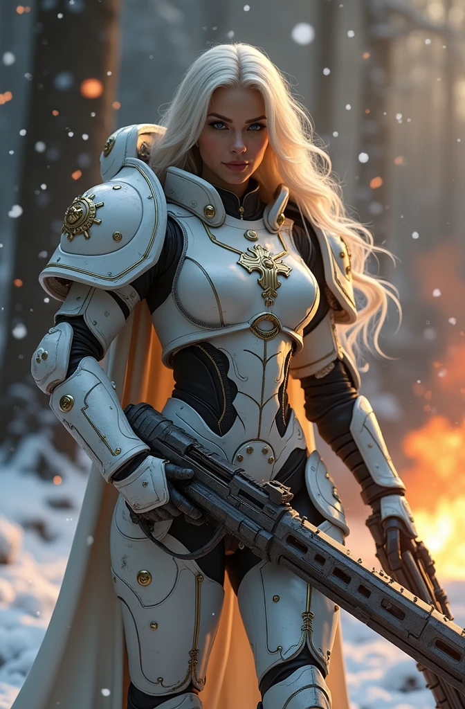 a beautiful woman with long platinum blonde hair, porcelain skin, ice blue eyes, sexy sisters of battle from the warhammer 40k, shooting at the enemy, rwhite space marine armor with intricate details, religous symbols on the armor, sisters of battle, warhammer 40k, Massive silicone breast, pale skin, seductive, temptation, eat your soul, clevage, , standing in a magical winter wonderland with snow-covered trees and frozen lakes, intricate ice crystals and snowflakes surrounding her, (best quality,4k,8k,highres,masterpiece:1.2),ultra-detailed,(realistic,photorealistic,photo-realistic:1.37),fantasy,digital art,cinematic lighting, highly detailed armor, intricate futuristic weaponry, gritty and realistic, mecha, science fiction, hyper-detailed, photorealistic, award winning digital art, 8k, HDR, masters work, in the middle of a battle field, full body combat action pose, explosions and fire around, full war, stunning, Stilleto heels, high heels, full body pose, cinematic, dust and debree, combat screams, attacking, shooting at the enemy, sisters of battle, warhammer 40kdramatic color palette,frozen landscape,ice powers,snow queen