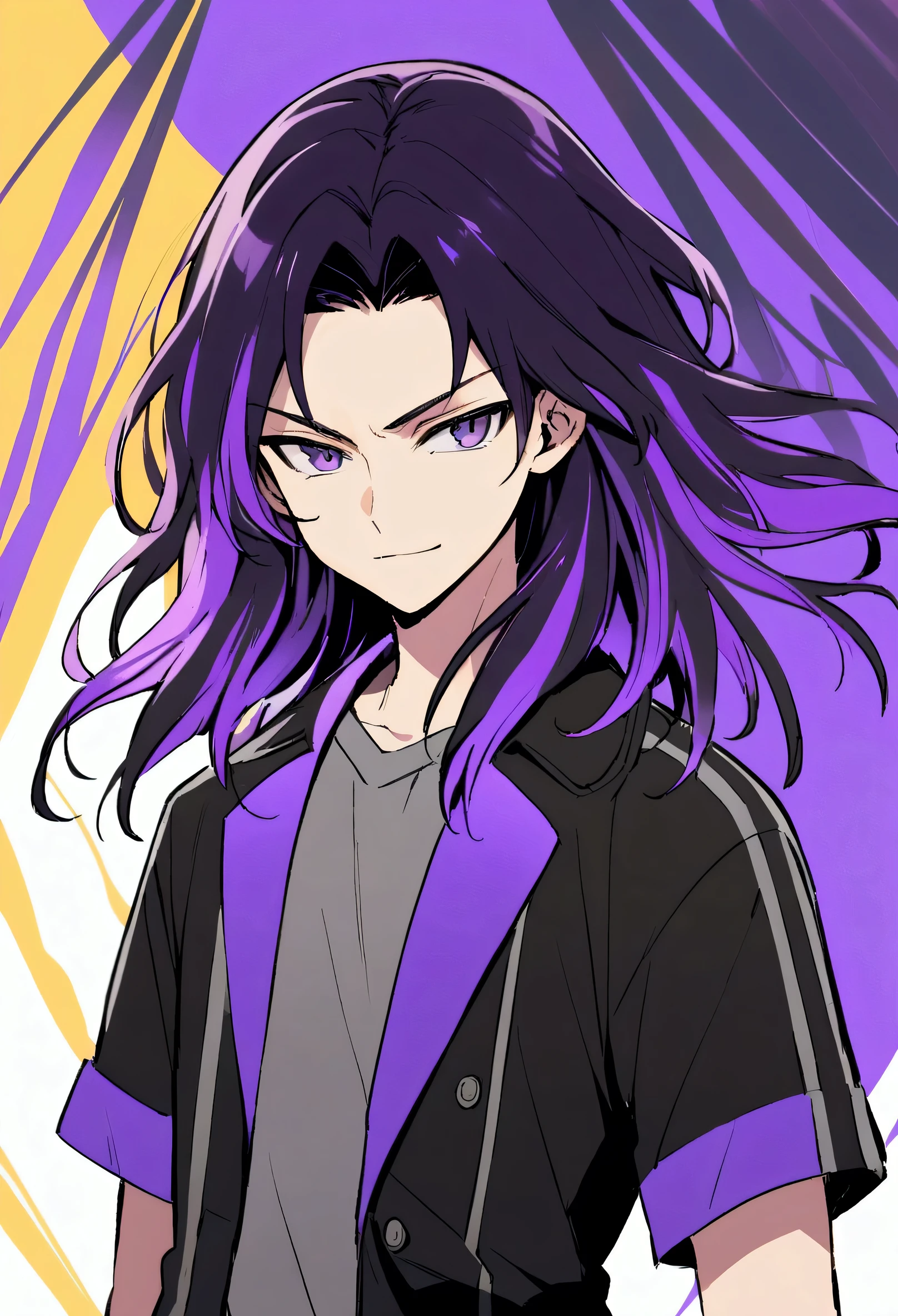 teenage boy, tidy hair, medium length hair, multicolored black and purple hair, middle stripe, dark purple eyes, serious face, simple smile, gray shirt, loose black short sleeve overcoat.