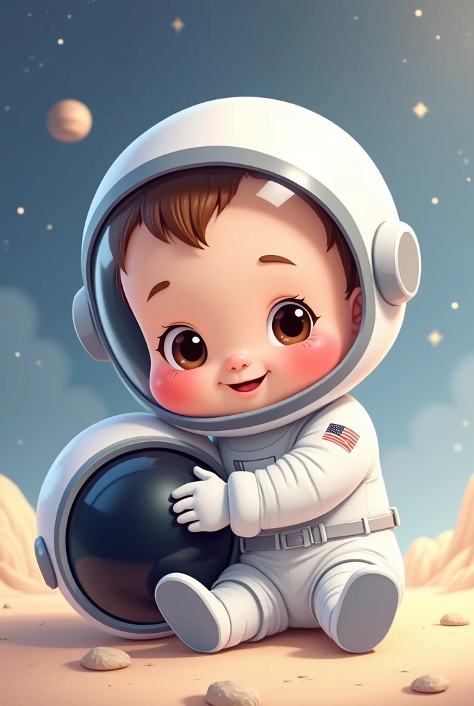 Create vector baby astronaut without helmet on head sitting with helmet under arm brown eyes pixar style