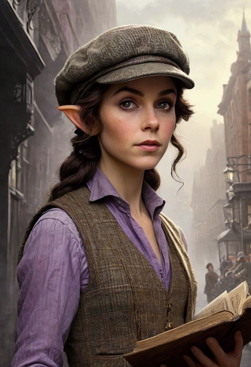 An illustrated movie poster, hand-drawn, full color, an elven maiden, wearing a tweed vest and a newsie cap, tall, toned, amazonian stature, athletic hourglass figure, long pointy elf ears, Amethyst eyes, dark hair, shaggy bob cut, deep sun-tanned skintone, freckles, standing on a foggy Victorian-era street corner, graphite shading, stencil marks, airbrushed acrylic paint, masterpiece, in the style of Sherlock Holmes, elf ears
