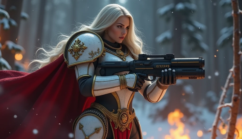 a beautiful woman with long platinum blonde hair, porcelain skin, ice blue eyes, sexy sisters of battle from the warhammer 40k, shooting at the enemy, rwhite space marine armor with intricate details, religous symbols on the armor, sisters of battle, warhammer 40k, Massive silicone breast, pale skin, seductive, temptation, eat your soul, clevage, , standing in a magical winter wonderland with snow-covered trees and frozen lakes, intricate ice crystals and snowflakes surrounding her, (best quality,4k,8k,highres,masterpiece:1.2),ultra-detailed,(realistic,photorealistic,photo-realistic:1.37),fantasy,digital art,cinematic lighting, highly detailed armor, intricate futuristic weaponry, gritty and realistic, mecha, science fiction, hyper-detailed, photorealistic, award winning digital art, 8k, HDR, masters work, in the middle of a battle field, full body combat action pose, explosions and fire around, full war, stunning, Stilleto heels, high heels, full body pose, cinematic, dust and debree, combat screams, attacking, shooting at the enemy, sisters of battle, warhammer 40kdramatic color palette,frozen landscape,ice powers,snow queen