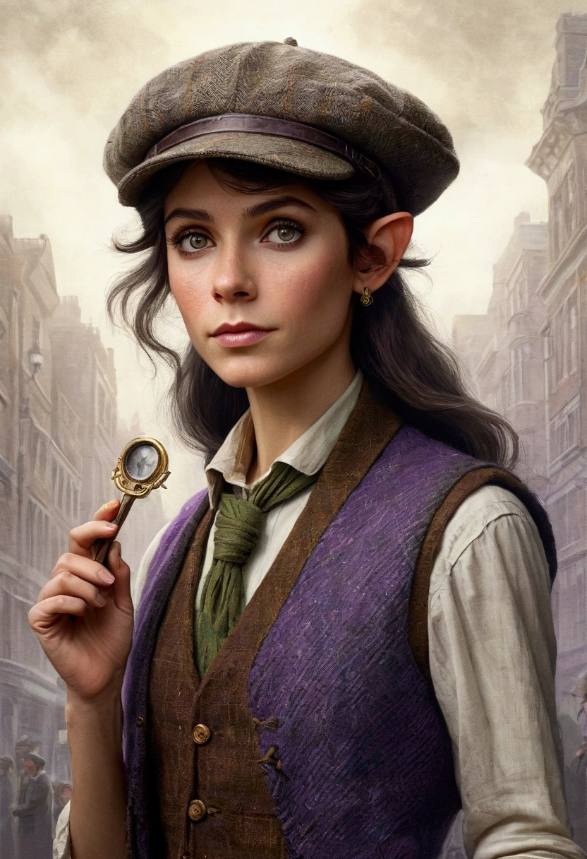 An illustrated movie poster, hand-drawn, full color, an elven maiden, wearing a tweed vest and a newsie cap, tall, toned, amazonian stature, athletic hourglass figure, long pointy elf ears, Amethyst eyes, dark hair, shaggy bob cut, deep sun-tanned skintone, freckles, standing on a foggy Victorian-era street corner, graphite shading, stencil marks, airbrushed acrylic paint, masterpiece, in the style of Sherlock Holmes, elf ears