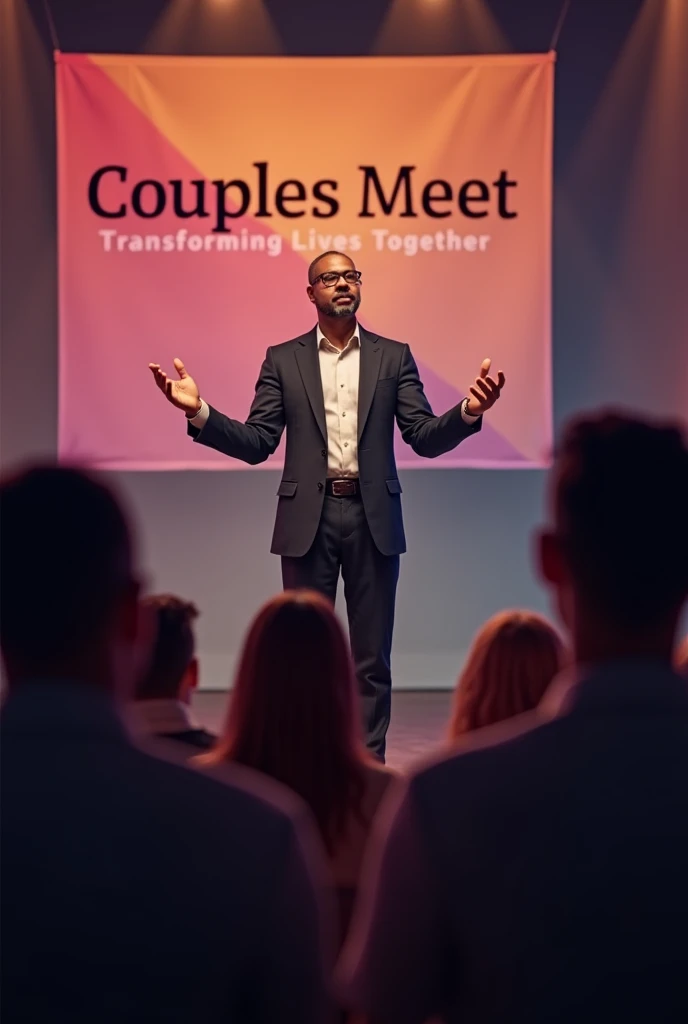 "Create an image that depicts an evangelical couples speaker on a stage, speaking to an attentive audience. The speaker must be wearing formal attire, Imparting confidence and wisdom, with expressive gestures. No fundo, include a banner that says 'Couples Meet - Transforming Lives Together', with soft colors and a cozy atmosphere. Add soft light focused on the speaker to highlight their presence."
