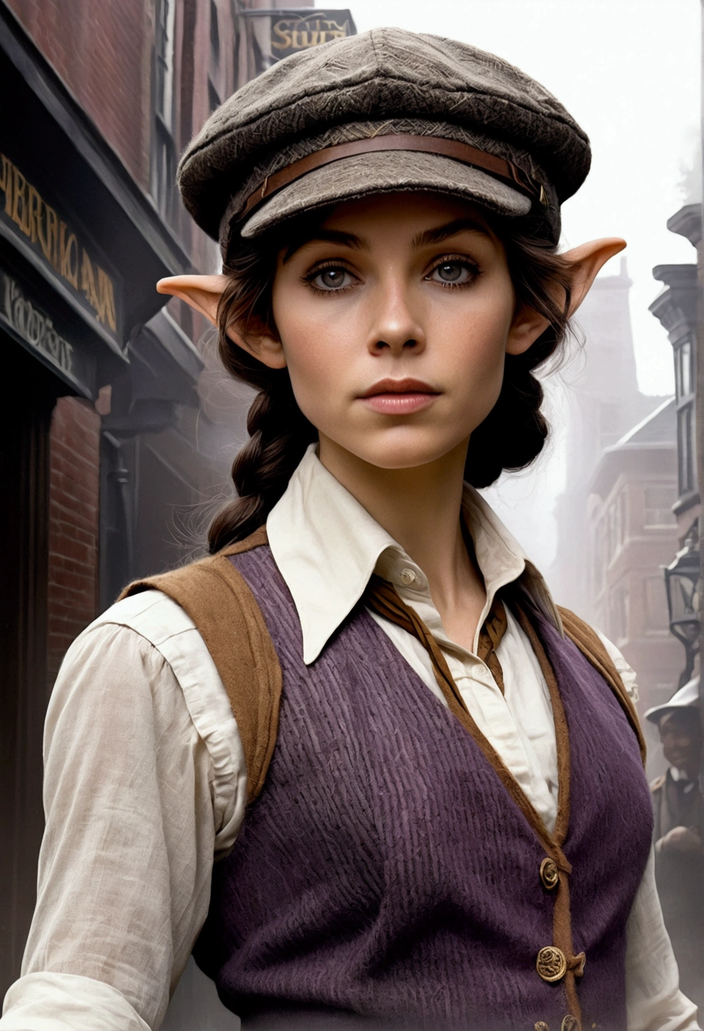 An illustrated movie poster, hand-drawn, full color, an elven maiden, wearing a tweed vest and a newsie cap, tall, toned, amazonian stature, athletic hourglass figure, long pointy elf ears, Amethyst eyes, dark hair, shaggy bob cut, deep sun-tanned skintone, freckles, standing on a foggy Victorian-era street corner, graphite shading, stencil marks, airbrushed acrylic paint, masterpiece, in the style of Sherlock Holmes, elf ears