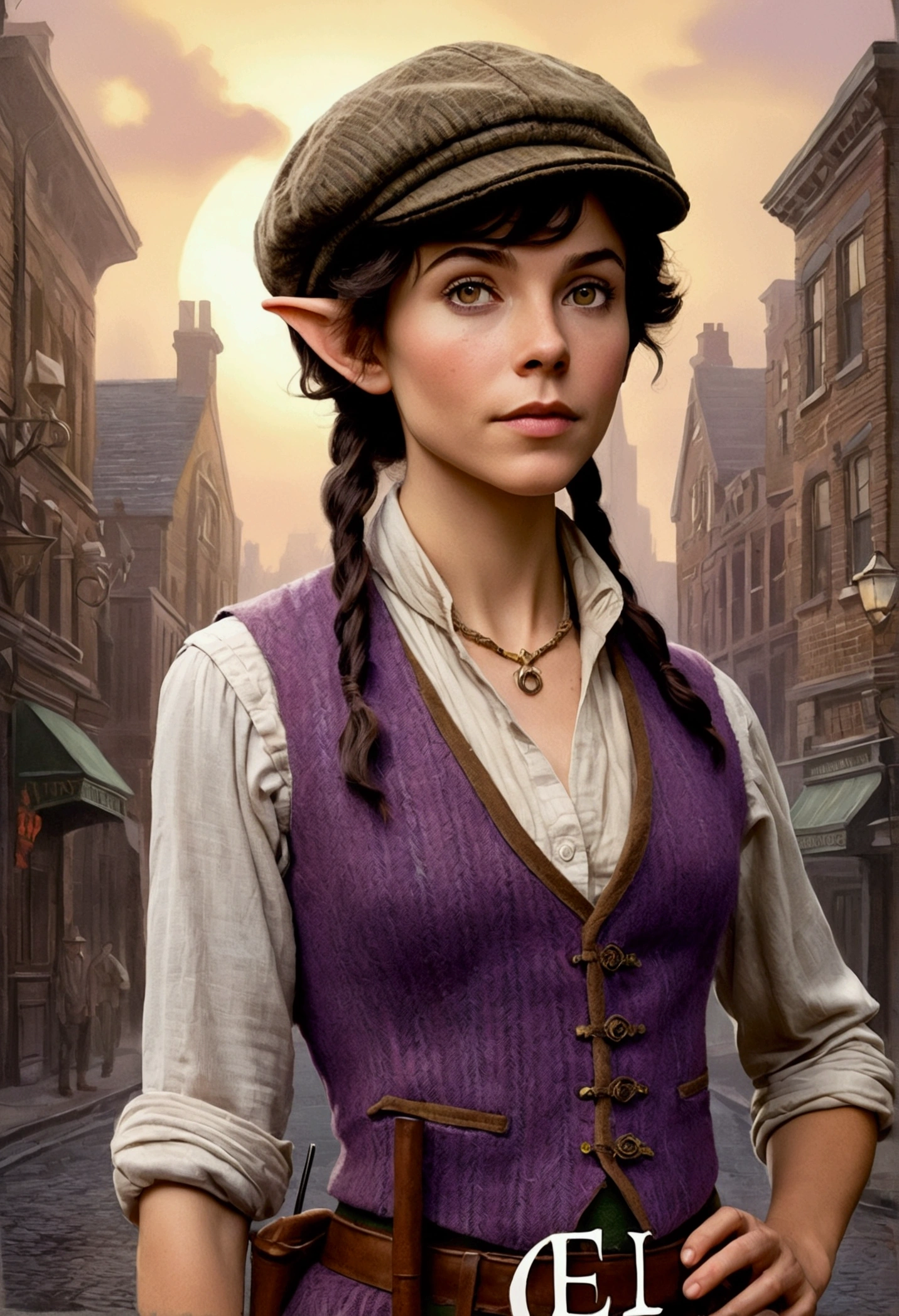 An illustrated movie poster, hand-drawn, full color, an elven maiden, wearing a tweed vest and a newsie cap, tall, toned, amazonian stature, athletic hourglass figure, long pointy elf ears, Amethyst eyes, dark hair, shaggy bob cut, deep sun-tanned skintone, freckles, standing on a foggy Victorian-era street corner, graphite shading, stencil marks, airbrushed acrylic paint, masterpiece, in the style of Sherlock Holmes, elf ears