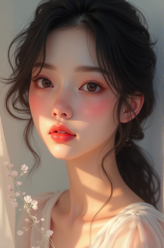 Pink lips, medium long black hair, oval face, pink blushes