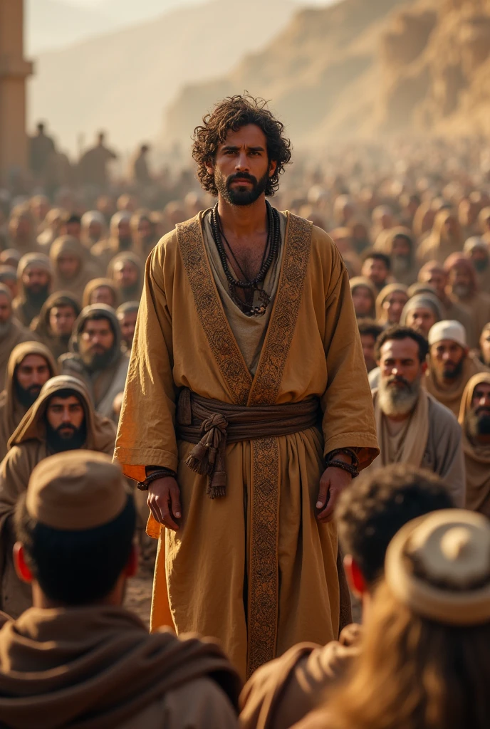 30 year old young man, with camel skin pants and shirt, speaking to a crowd of Jews