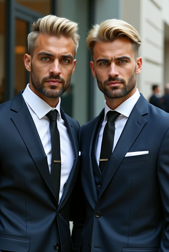 2 man, Muslim , with blonde hair, green eyes, toned , in suit, is a CEO