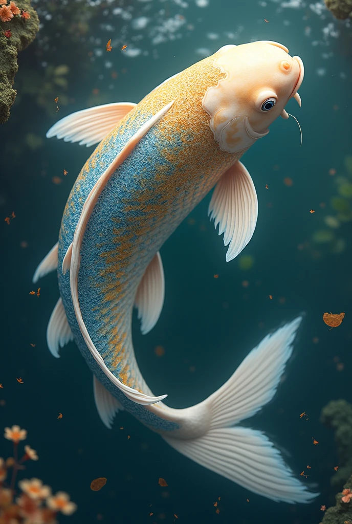 Generate me an image of a very serious koi fish with beige blue