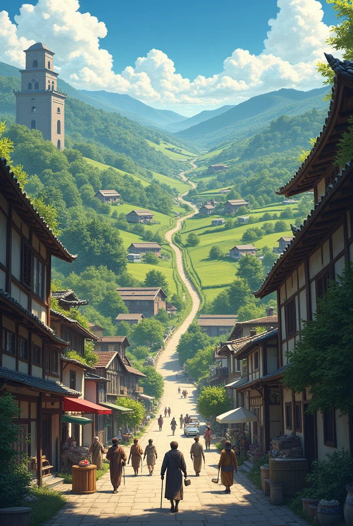A bustling urban street next to a peaceful rural landscape with peasants.