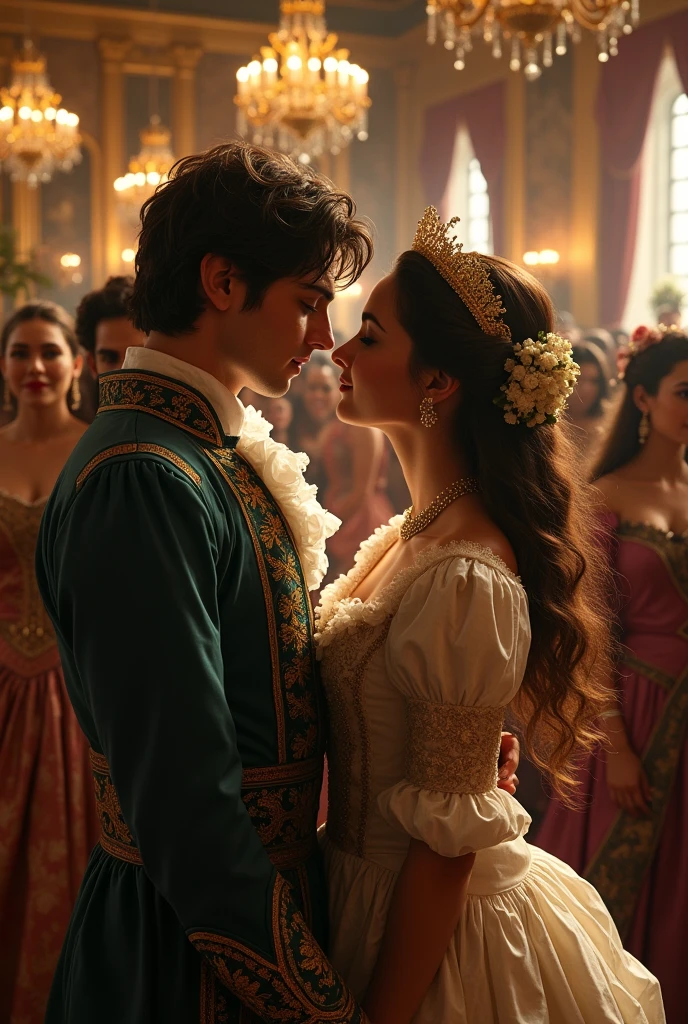 Generates an image of Romeo and Juliet at their meeting at the Renaissance painting-style masquerade ball
