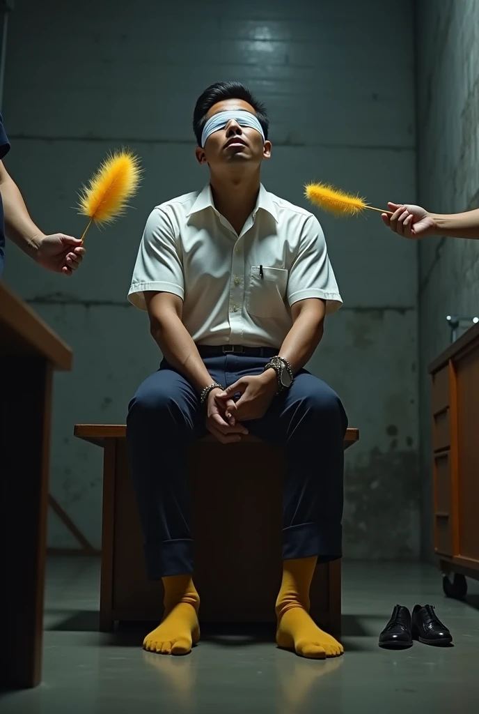 Malaysia malay handsome 23 years steward
The steward laugh
His hand tied up  in warehouse 
Blindfolded
Hand handcuff
Steward Outfit
feet on desk
feather duster
shoes on desk 
5 toes each feet 
Yellow sock
2 man holding feather  duster 
tickle steward feet
