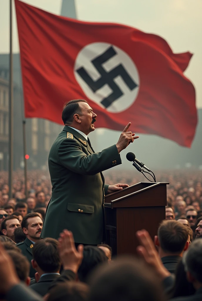 Hitler giving a speech to a crowd in Germany, with the Nazi flag waving behind