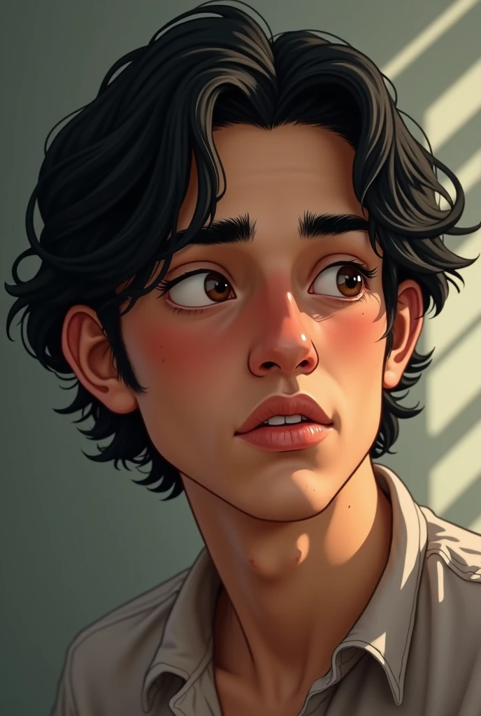The Latin American man has an oval face, with subtly marked cheekbones that give balance to her expression. Her skin is light-toned and shows some acne marks on both cheeks., which are visible but not exaggerated, giving a natural and realistic look to your skin. His eyes are a dark brown color, Medium in size and slightly almond shaped. The character's gaze is serious and introspective, framed by straight eyebrows, Medium thickness, and well defined. The eyebrows are thick and placed in a way that enhances the intensity of her eyes., giving him a thoughtful expression. The nose is straight and thick , with a soft bridge and a slightly rounded tip, harmonizing well with the rest of your facial features. The lips are a little thick and well defined., with a slight natural curvature that gives it a neutral expression, neither smiling nor frowning. The upper lip is slightly thinner than the lower lip.. The hair is completely straight, of a dark black color, and long length. It falls naturally and a little messily on the forehead., lightly covering the eyebrows, and extends to just above the ears on the sides. The hair has a fine texture and a natural shine., with some strands falling over the forehead and this hairstyle is bookish .