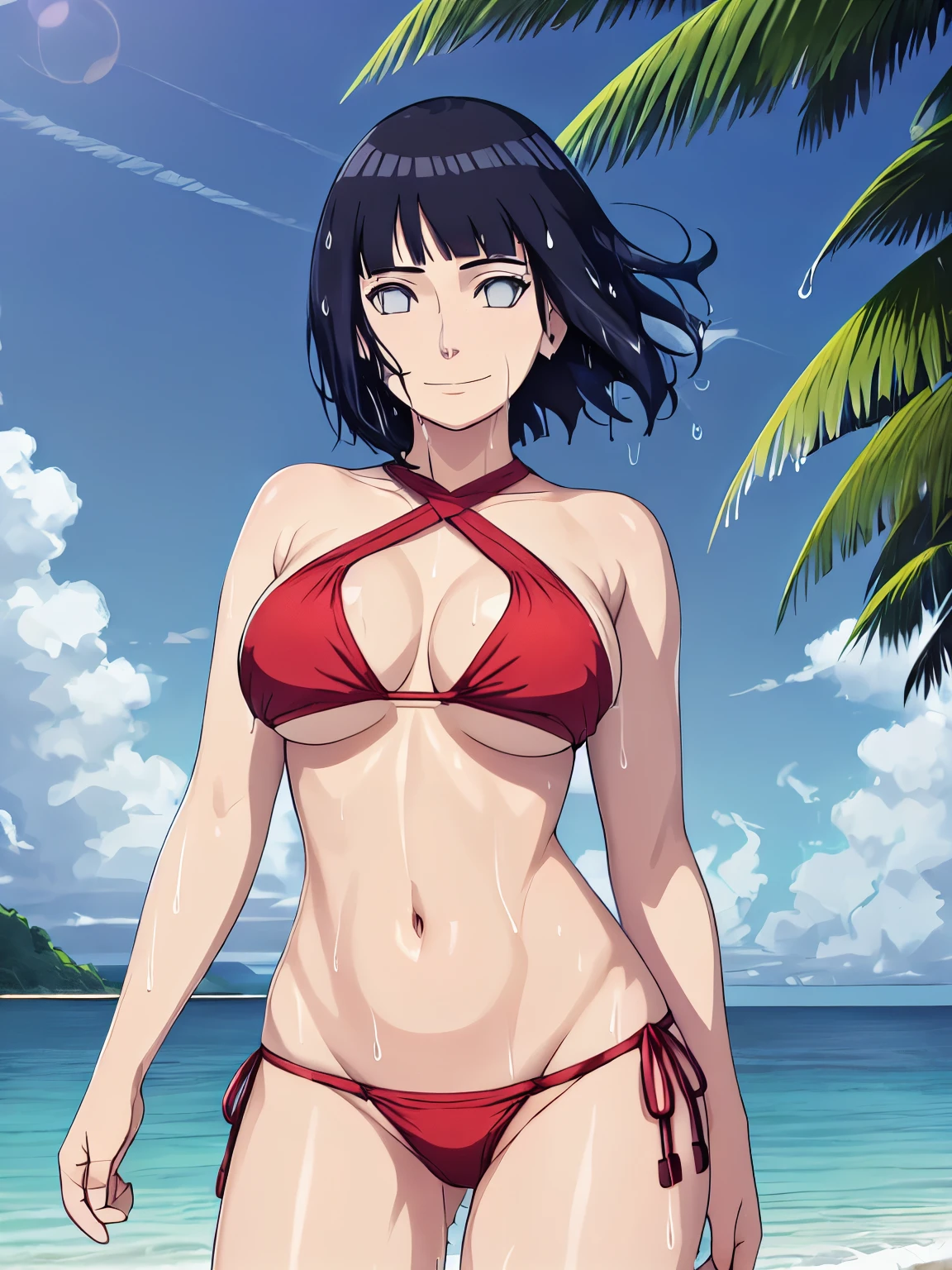 (hinata\(boruto\), (high quality:1.8), upper body:1.5, (curvy body:1.5), (detailed wet:1.4), (ultra detailed body:1.4), (one ARM UP:1.4), (beach:1.7), (anime, tall woman, cowboy shot, (defined biceps arms:1.2), ((red thong, bare arms, bare arms, bare shoulders)), (long belly:1.5), (red halter:1.1), (wide shoulders, off-shoulders), smile), ((big breasts:1.0)) ,(cleavage:1.0), closed mouth), ((pale skin)). ((dark blue:1.3, short hair, hime cut، loose hair, floating hair, floating hair:1.0),