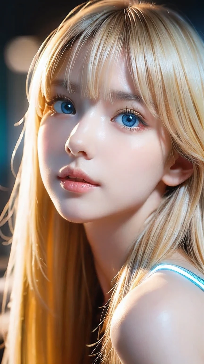 Highest quality、8K masterpiece、Ultra-high resolution、(Realistic:1.3)、RAW Photos、 A beautiful girl with mysteriously shining blonde hair of Nordic descent、Silvery blonde hair、Super long straight hair、Bangs between the eyes、Bangs that fall over the eyes、Bangs over one eye、Bangs between the eyes、Incredibly white, glowing skin、1. Cyberpunk Super Beautiful Soldier、((Ultra-Realistic Details))、Portraiture、Global Illumination、Shadow Realm、Octane Rendering、8k、Ultra Sharp、metals、Cool colors、、Very intricate details、Realistic Light、Trends of the CG Association、Very beautiful big bright blue eyes、Very big eyes、Eyes shining at the camera、Neon Details、Small Face Beauty、Round face、Highlights of cheek luster、eyeliner、Double eyelids