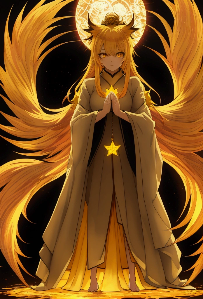 masterpiece, best quality, Anime ,HDR , a Golden Nine tailed Fox Woman Standing and Praying with bright yellow Star eyes Surround by light:1.2) Multi Colored Hair