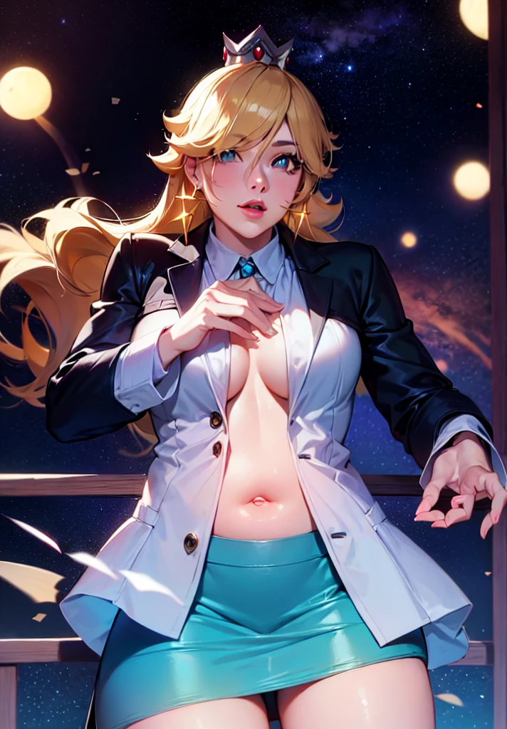 Rosalina, Blonde hair, blue eyes, hair over one eye, long hair, small breasts, micro skirt, light blue miniskirt, lower part of the breasts exposed, blouse lifted showing part of the breasts, belly exposed, crown, earrings, jewelry , princess, star earrings, BREAK night, night sky, sky, star\ (sky\), star \(symbol\), space, sun, BREAK looking at the viewer, (cowboy photo: 1.5), BREAK (art : 1.2 ), best quality, high resolution, 8k unity wallpaper, (artwork: 0.8), (beautiful detailed eyes: 1.6), extremely detailed face, perfect lighting, extremely detailed CG, (perfect hands, perfect anatomy), upper body