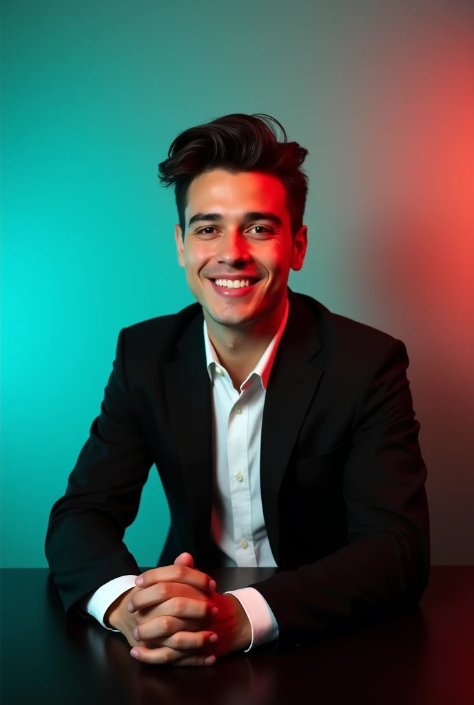 A young Man With Dark hair and a confident smile He is Dressed in a black blazer over a white shirt The man is positioned against aqua colour backdrop with a subtle red lighting on and sitting on table he is brunette