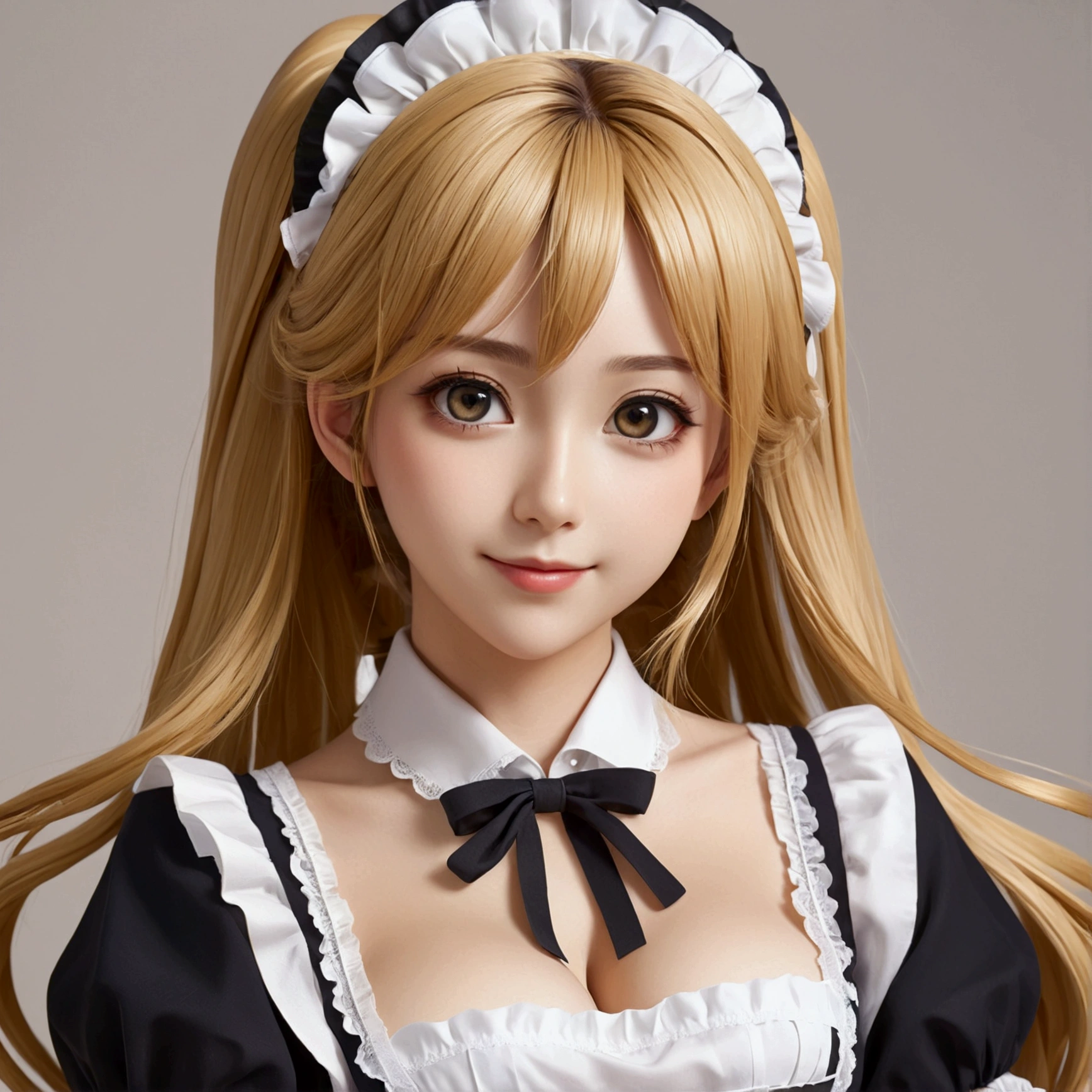 1 beautiful girl, big eyes, large breasts,  and slender, 8K, top quality, (very detailed head: 1.0), (very detailed face: 1.0), (very detailed hair: 1.0), maid clothes, very detailed official artwork, anime moe art style, clean detailed anime art, smile, golden hair, smooth long hair