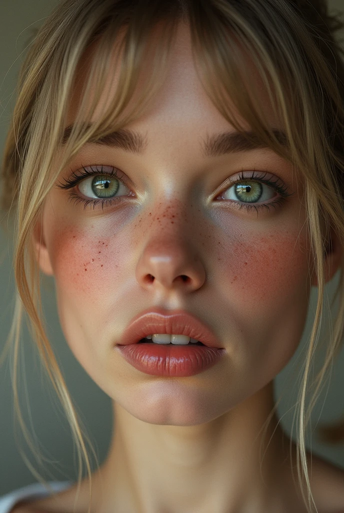 Realistic image of a fair-skinned woman, shorth hair, straight and dark blonde, big green eyes and sparks. delicate features, blushed face, some freckles, rosy lips. sexy without being vulgar. 