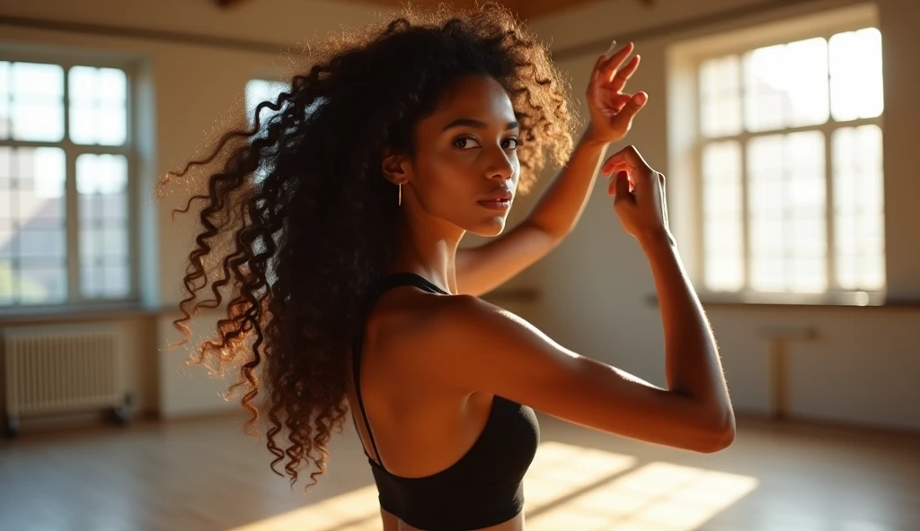 A young woman, brown skin, long dark brown hair, curly hair, brown eyes, she is in a dance studio rehearsing a choreography