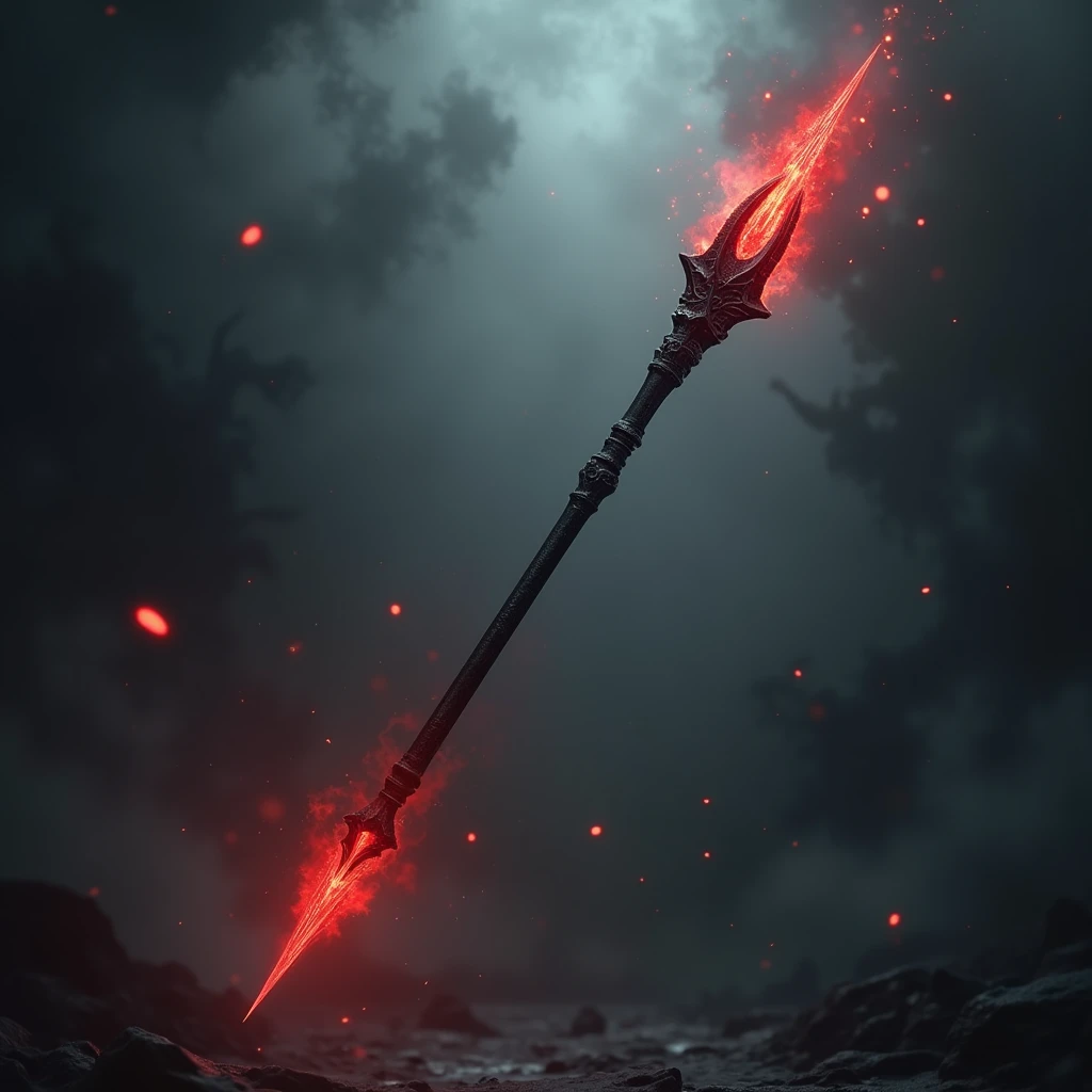 hyperrealistic, a magic weapon staff with the the handle in black wood, demonic form, the red tip from the burning heat it gives off, floating in the air, a shadow swirling around the staff