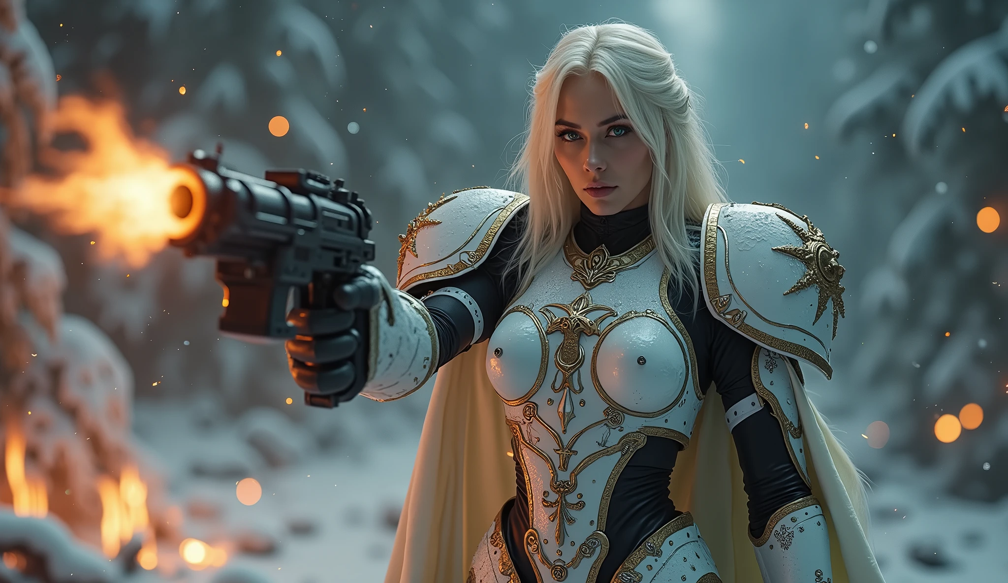 a beautiful woman with long platinum blonde hair, porcelain skin, ice blue eyes, sexy sisters of battle from the warhammer 40k, shooting at the enemy, rwhite space marine armor with intricate details, religous symbols on the armor, sisters of battle, warhammer 40k, Massive silicone breast, pale skin, seductive, temptation, eat your soul, clevage, , standing in a magical winter wonderland with snow-covered trees and frozen lakes, intricate ice crystals and snowflakes surrounding her, (best quality,4k,8k,highres,masterpiece:1.2),ultra-detailed,(realistic,photorealistic,photo-realistic:1.37),fantasy,digital art,cinematic lighting, highly detailed armor, intricate futuristic weaponry, gritty and realistic, mecha, science fiction, hyper-detailed, photorealistic, award winning digital art, 8k, HDR, masters work, in the middle of a battle field, full body combat action pose, explosions and fire around, full war, stunning, Stilleto heels, high heels, full body pose, cinematic, dust and debree, combat screams, attacking, shooting at the enemy, sisters of battle, warhammer 40kdramatic color palette,frozen landscape,ice powers,snow queen