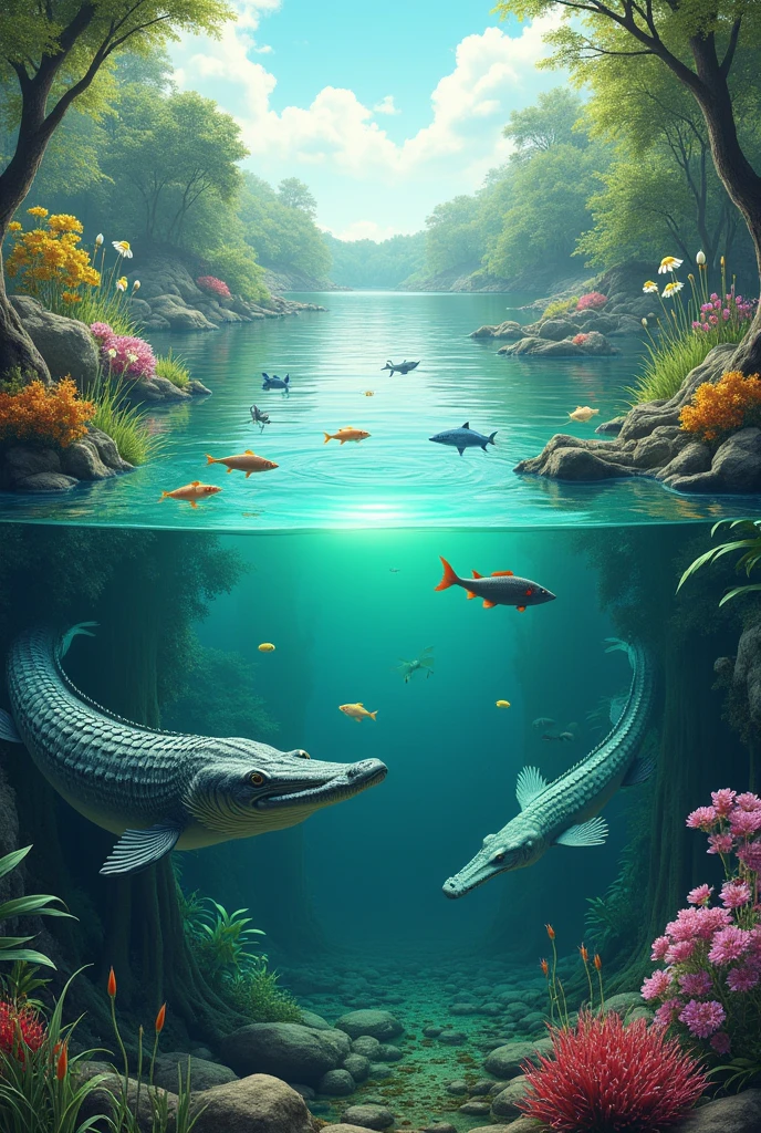 Make a drawing of a lake with carnivorous and herbivorous aquatic animals where sunlight is reflected in the lake. And there are bacteria and fungi with dead animals in the drawing
