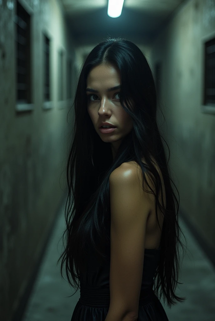 A beautiful Instagram model, (long black hair , at prison